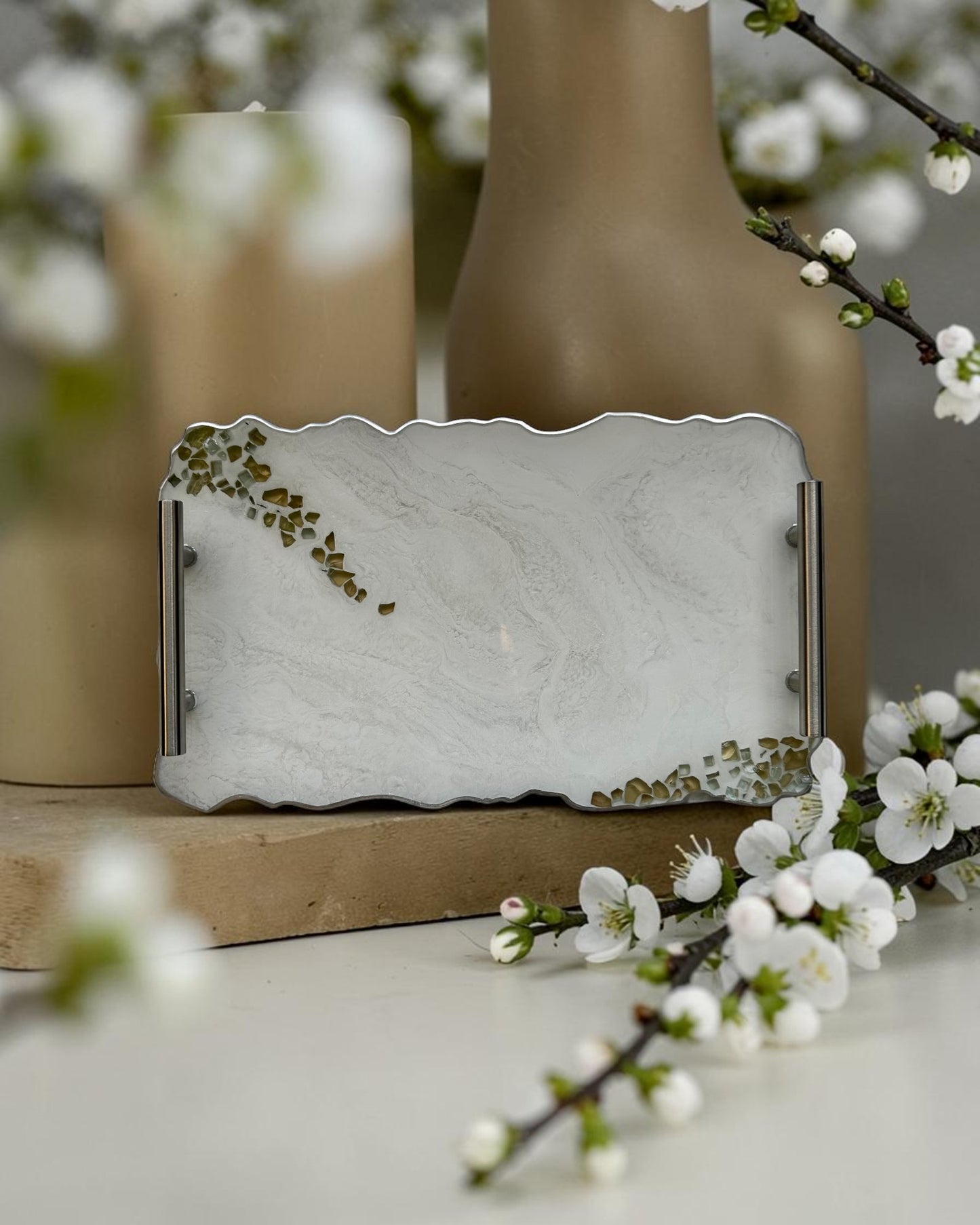White tray handmade epoxy resin geode design