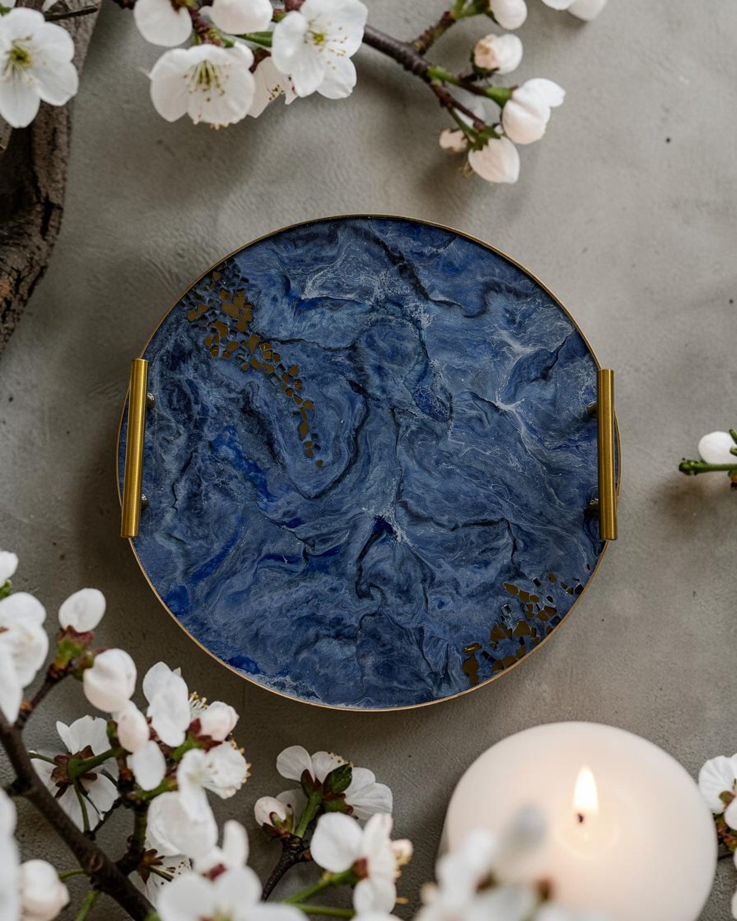Blue Ottoman tray handmade epoxy resin geode design