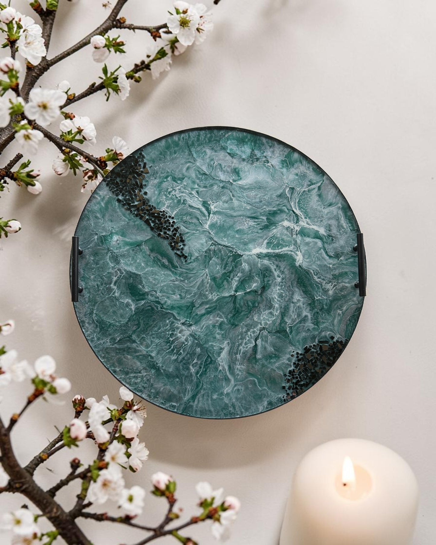Teal and Silver Ottoman tray handmade epoxy resin geode design