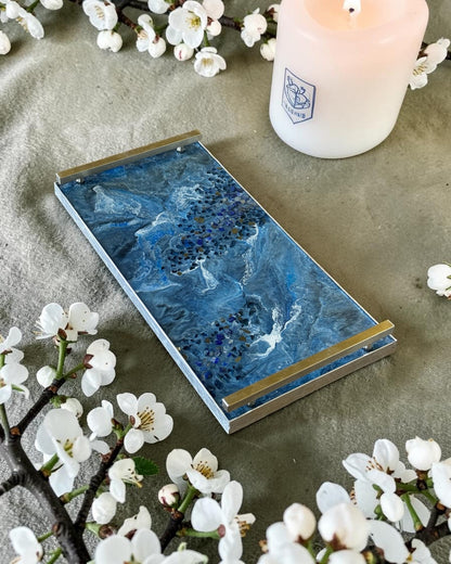 Blue large Charcuterie tray 18x9" handmade epoxy resin geode design