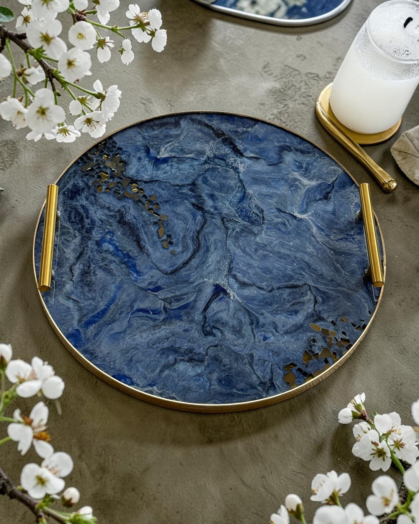 Blue Ottoman tray handmade epoxy resin geode design