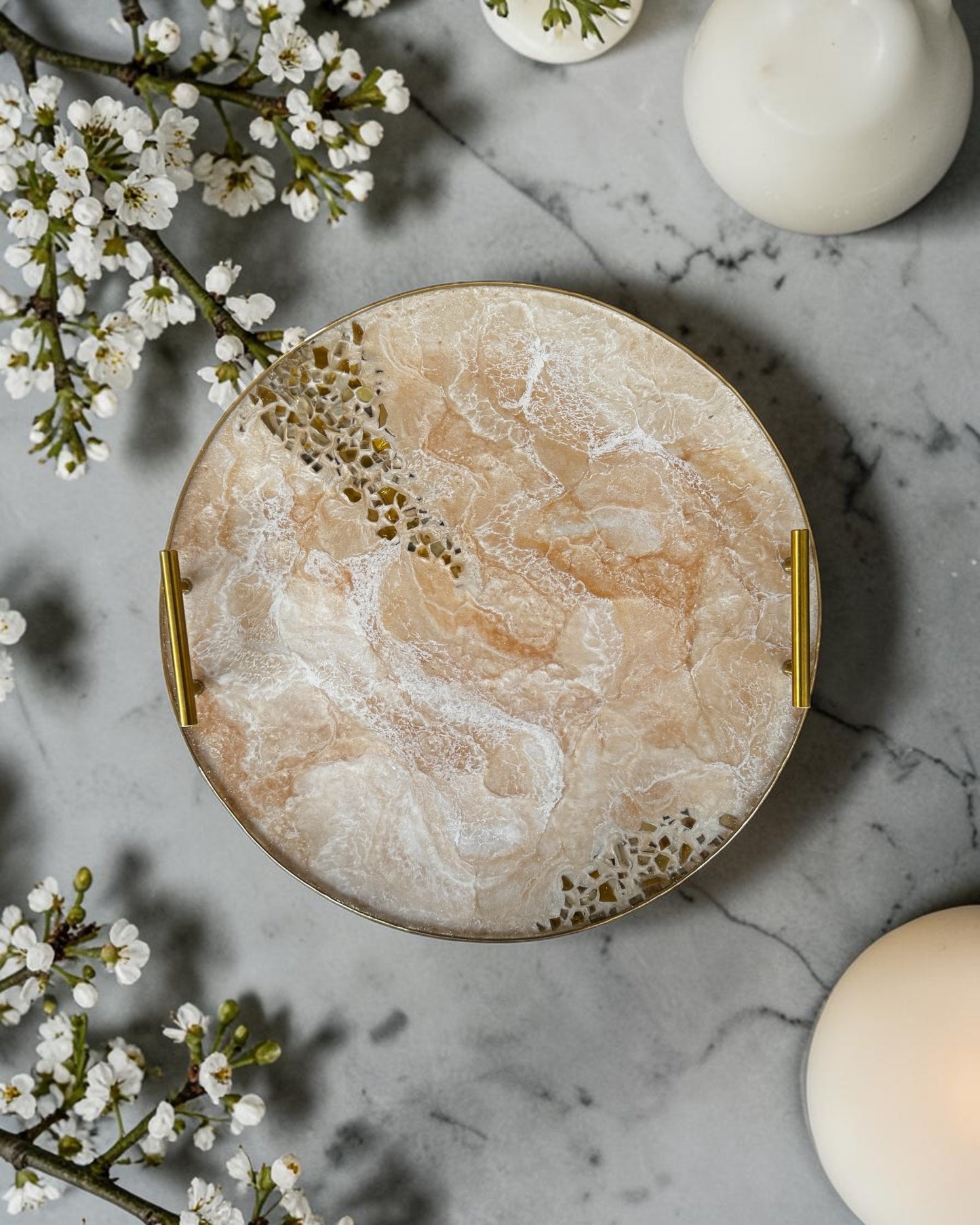 Cream Ottoman tray handmade epoxy resin geode design