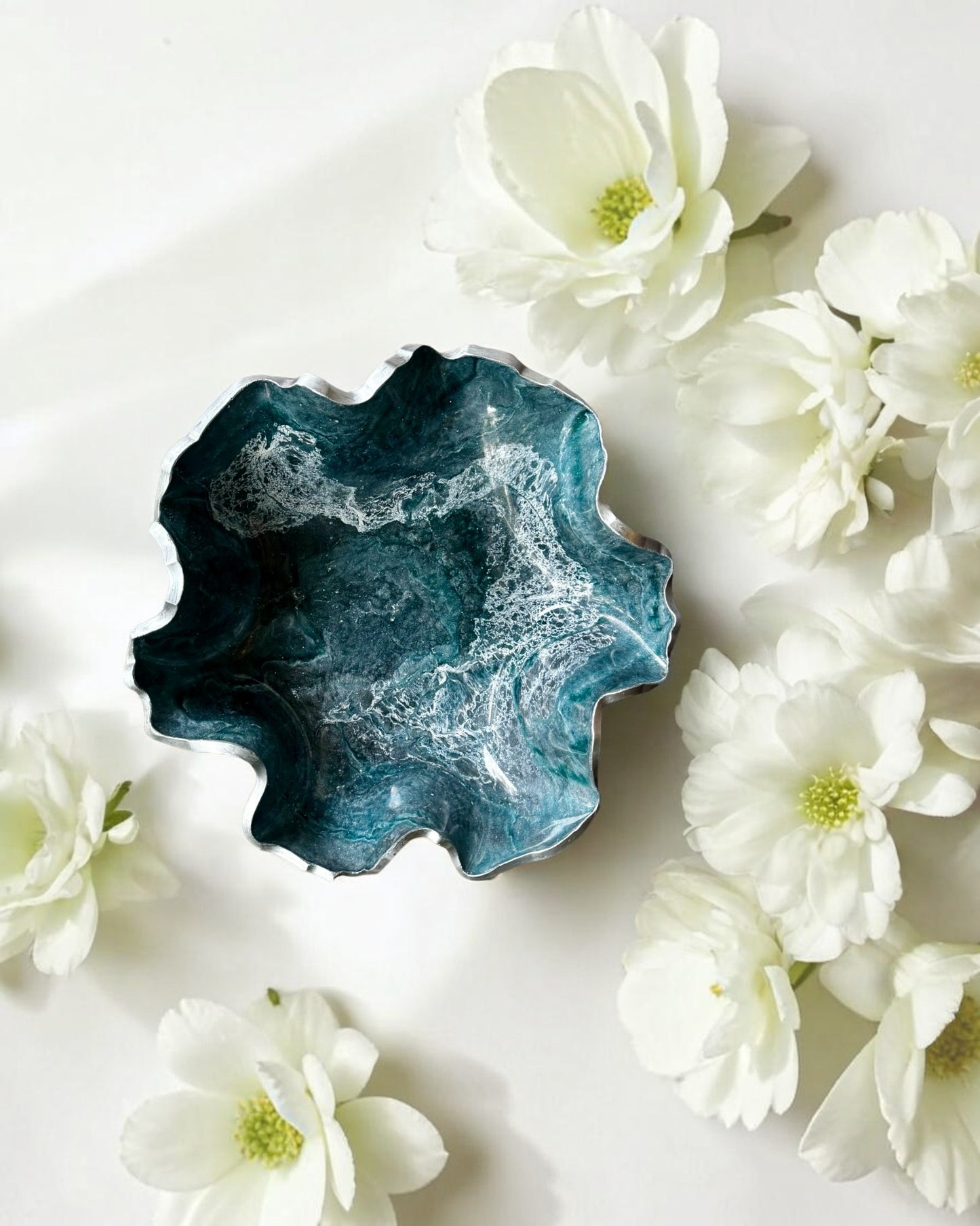 Medium Teal and Silver bowl, 11x3" geode design epoxy resin