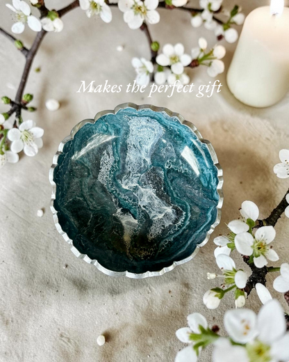 Small Teal and Silver bowl, 8x2" geode design epoxy resin