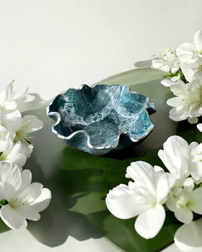 Medium Teal and Silver bowl, 11x3" geode design epoxy resin