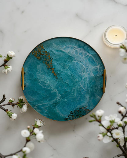 Ocean colors Ottoman tray handmade epoxy resin geode design