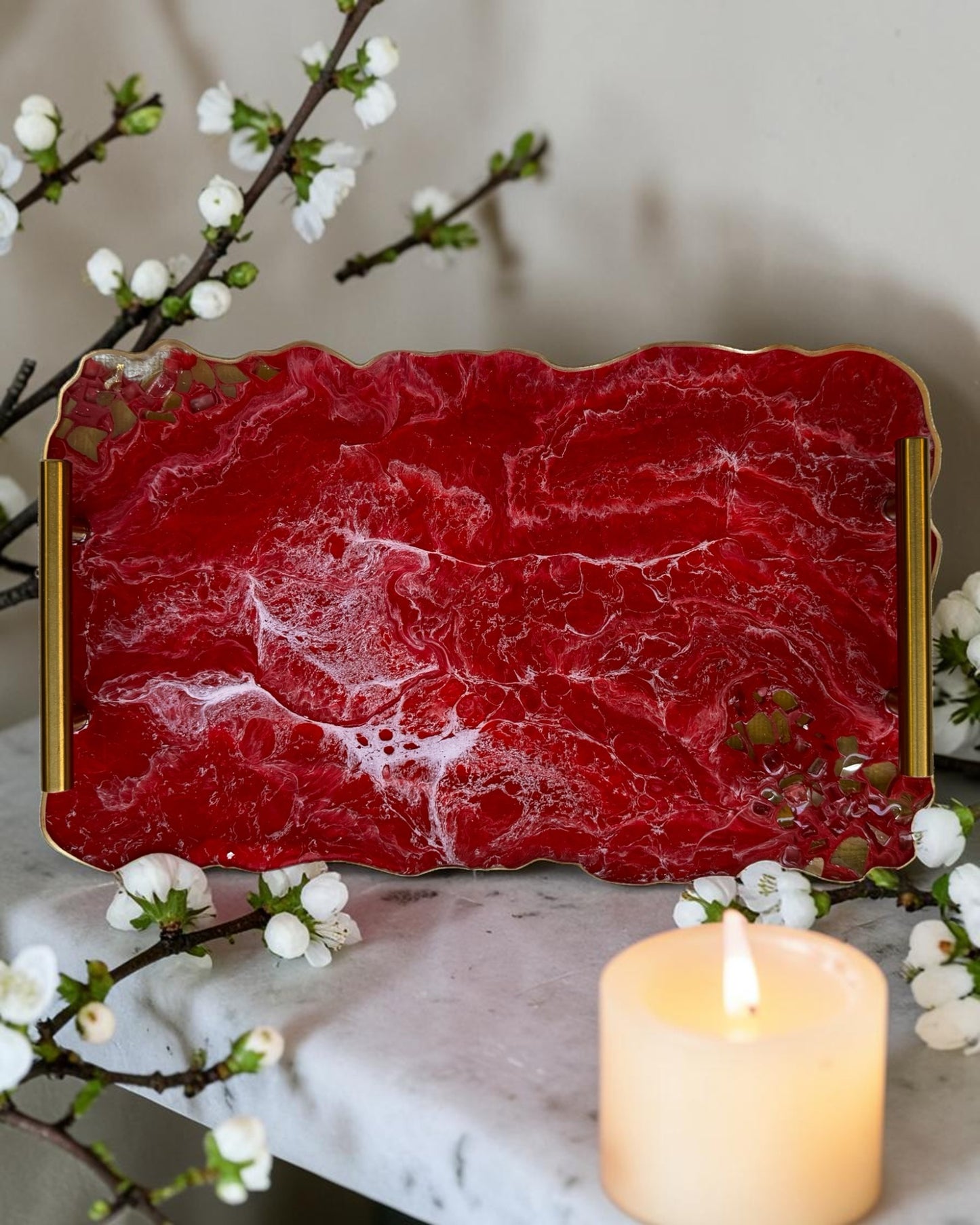 Red tray handmade epoxy resin geode design