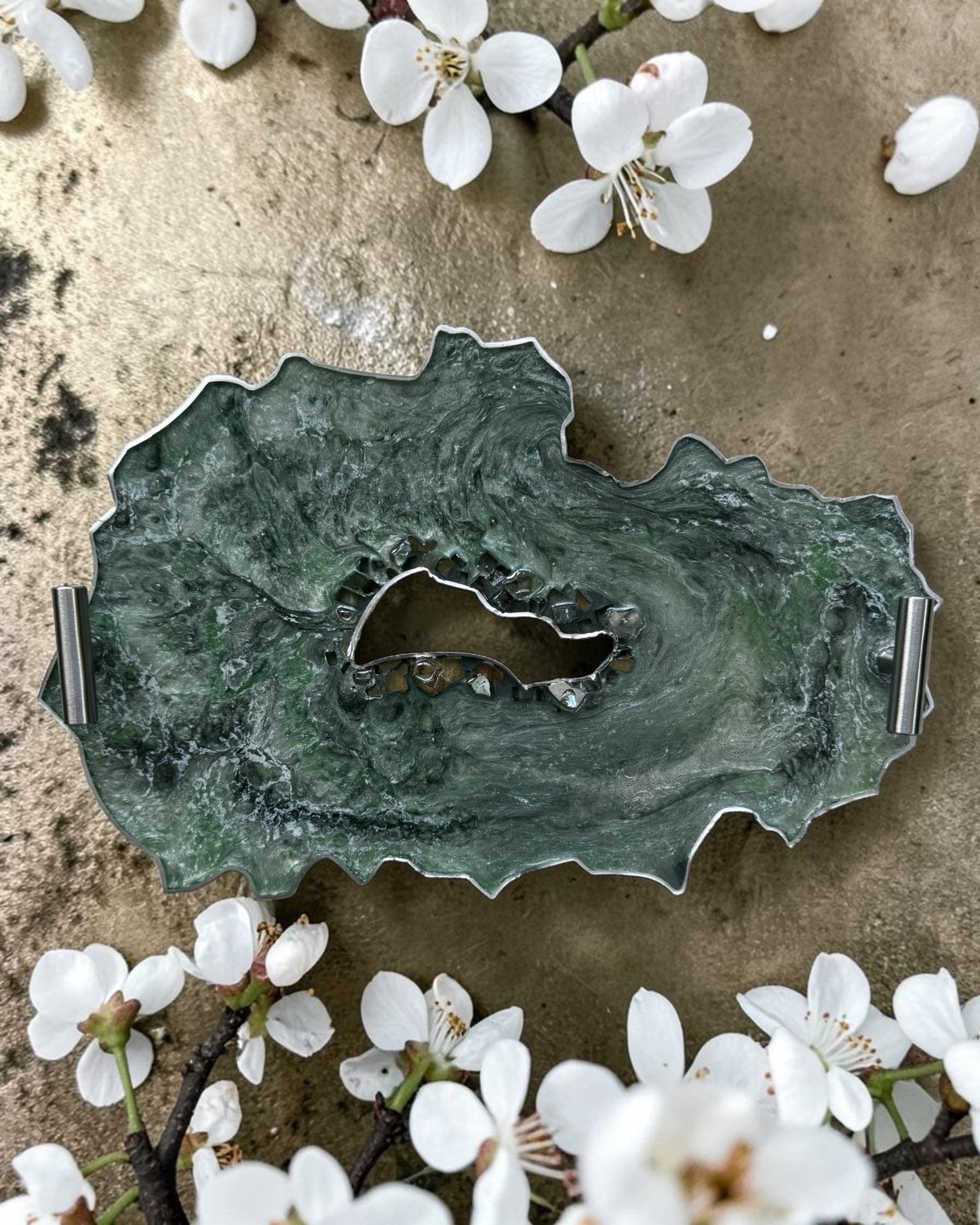 Green tray handmade epoxy resin geode design