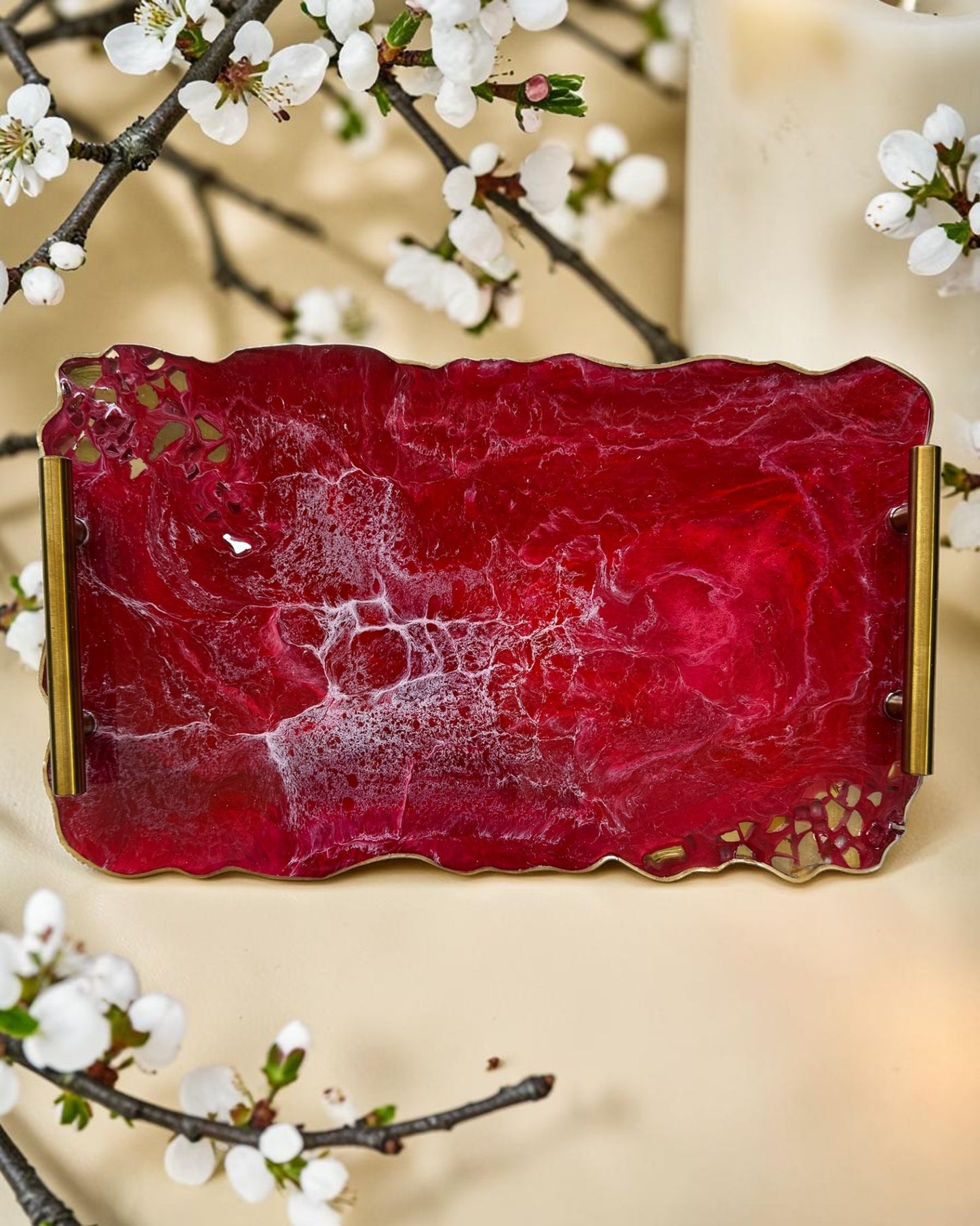 Red tray handmade epoxy resin geode design