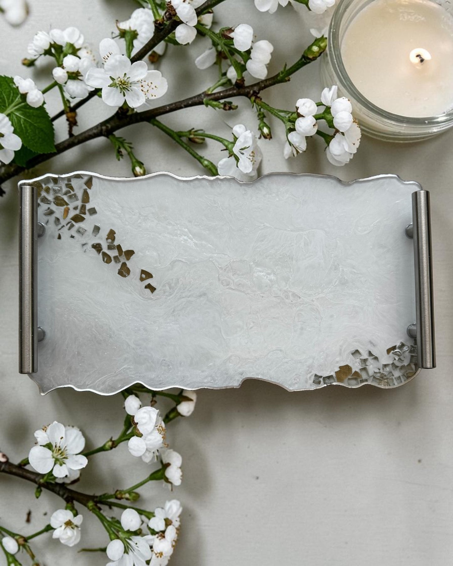 White tray handmade epoxy resin geode design