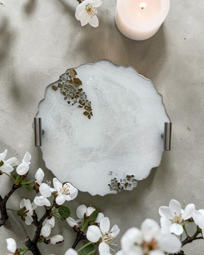White tray handmade epoxy resin geode design