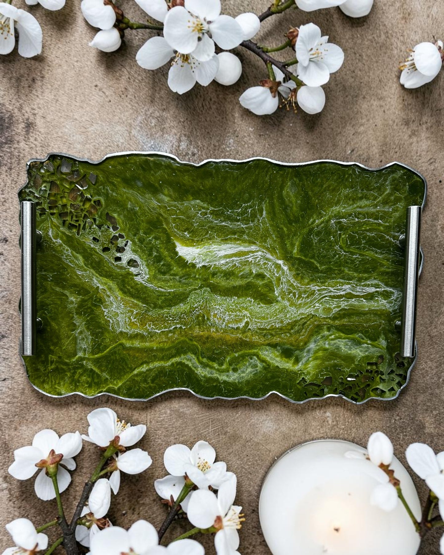 Olive Green tray handmade epoxy resin geode design