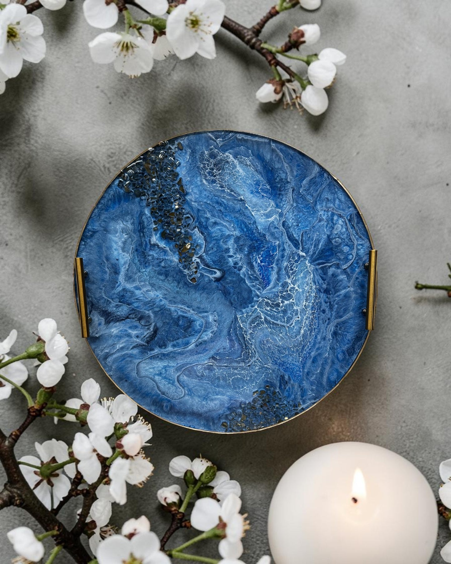 Blue Ottoman tray handmade epoxy resin geode design
