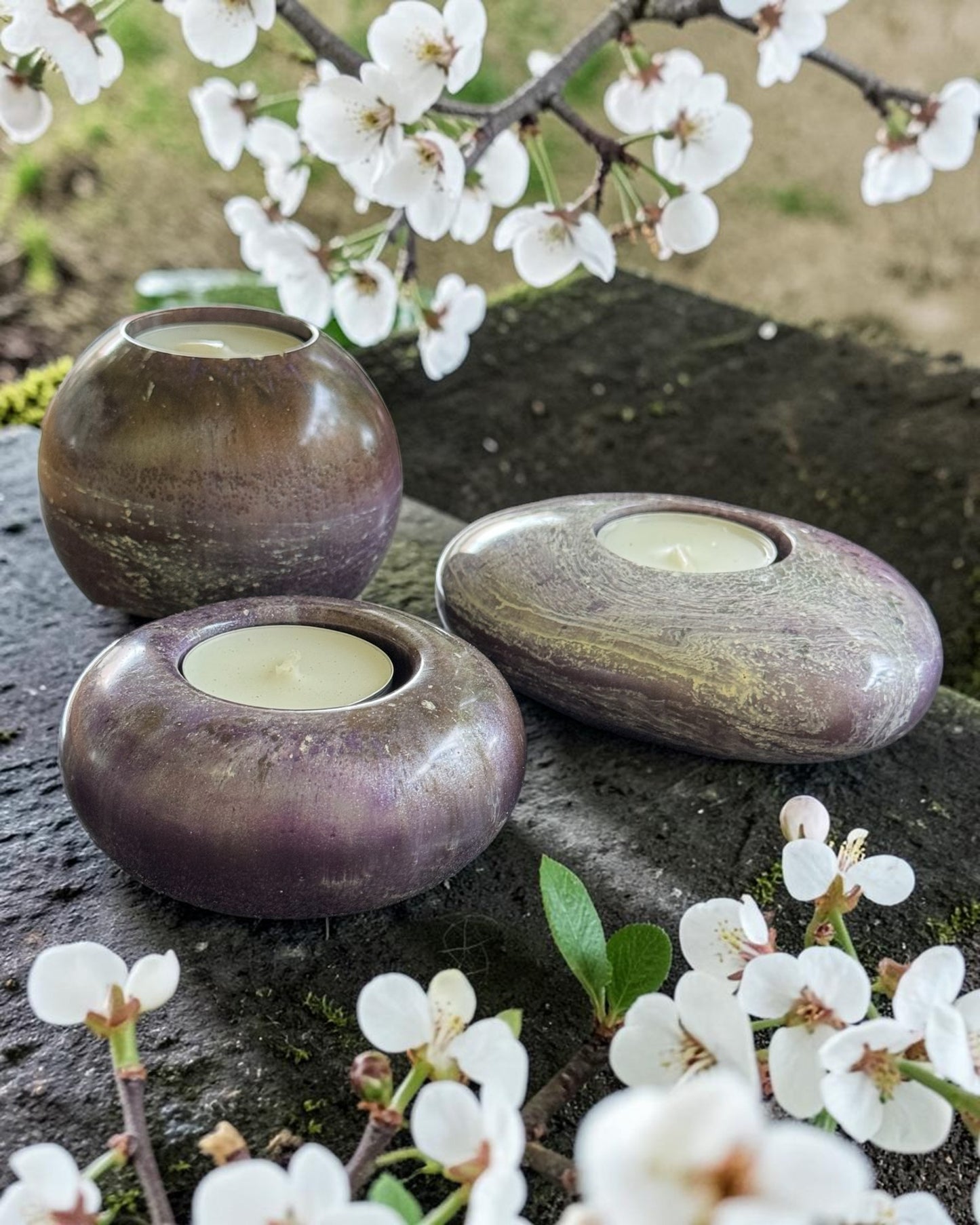 Purple and Brown set of 3 candle tealight holders with geode design epoxy resin