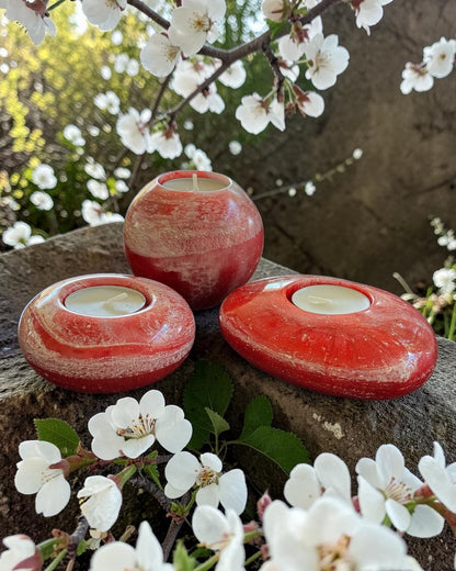Red set of 3 candle tealight holders with geode design epoxy resin