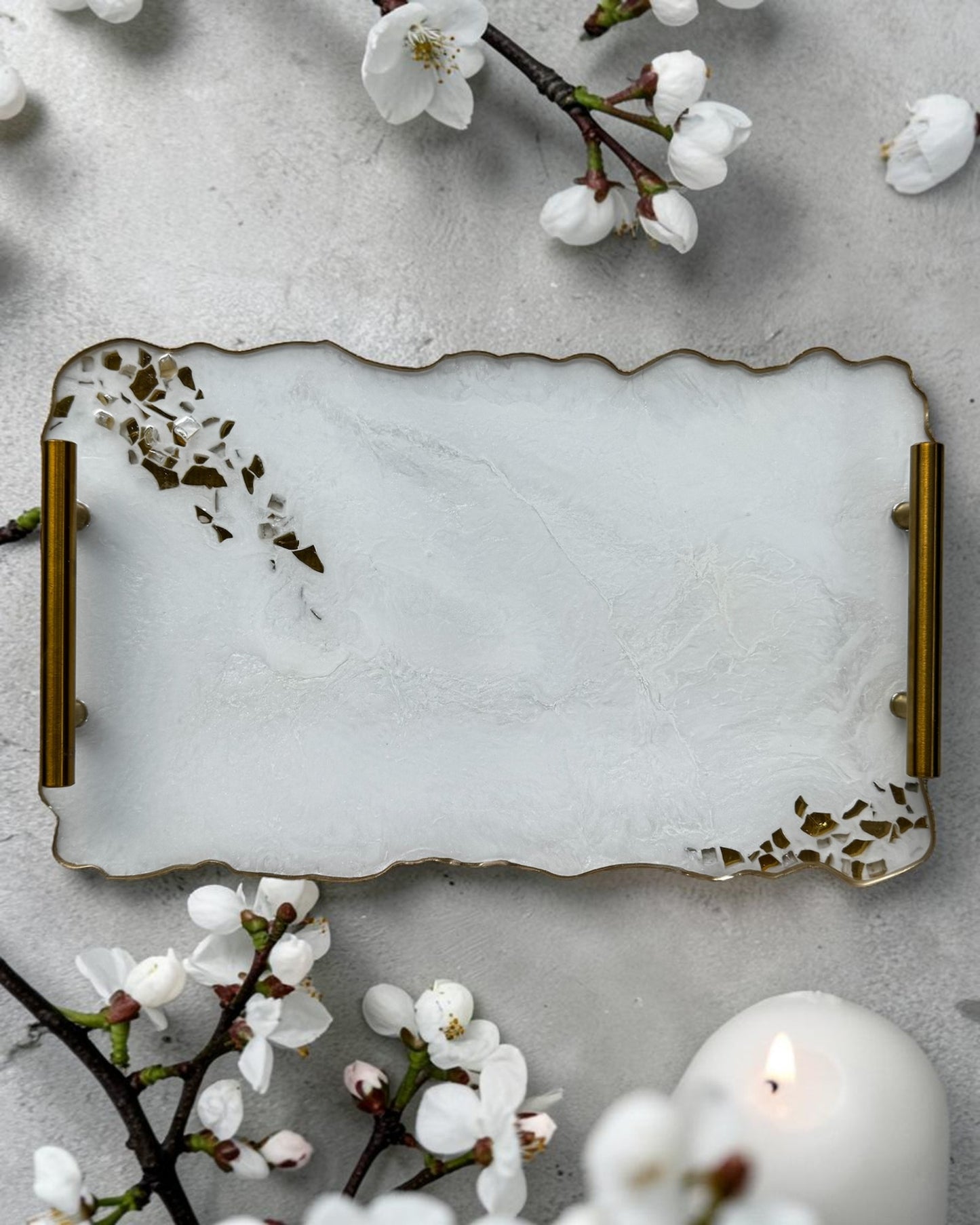 White tray handmade epoxy resin geode design