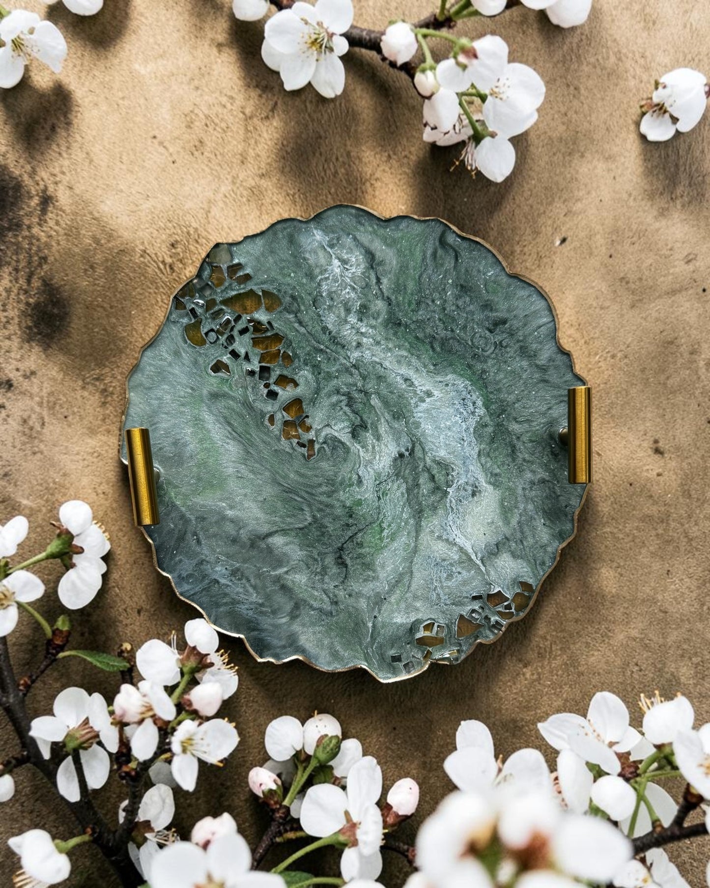 Green tray handmade epoxy resin geode design