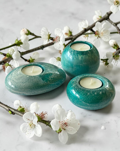 Ocean colors set of 3 candle tealight holders with geode design epoxy resin