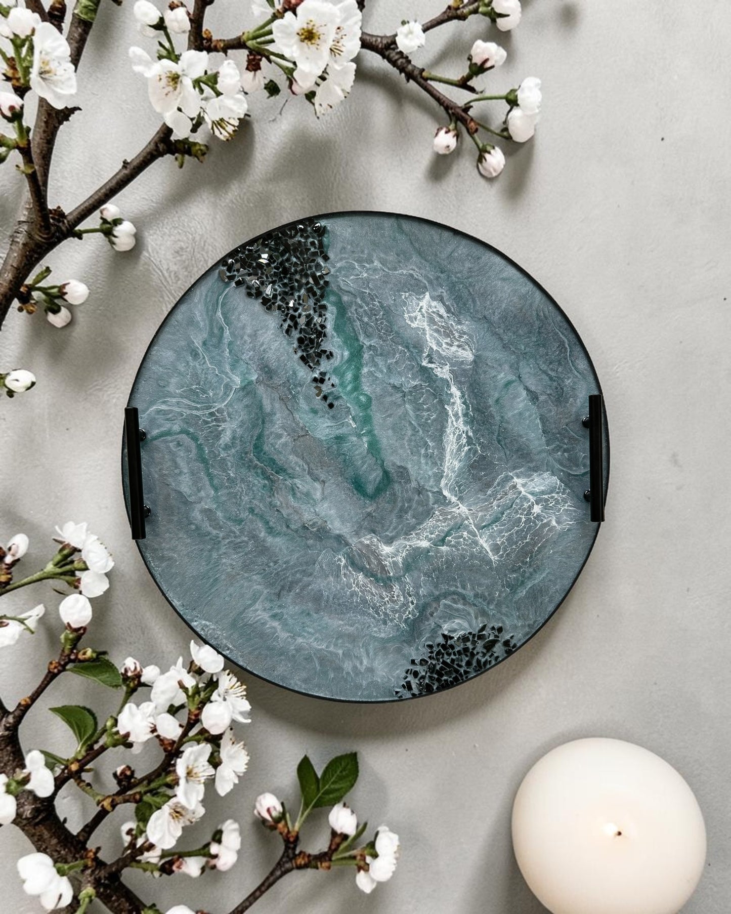 Teal and Silver Ottoman tray handmade epoxy resin geode design