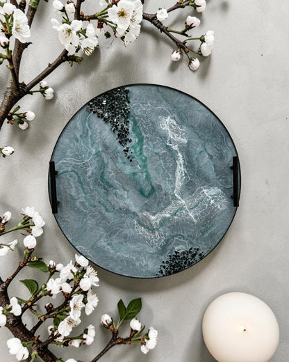Teal and Silver Ottoman tray handmade epoxy resin geode design