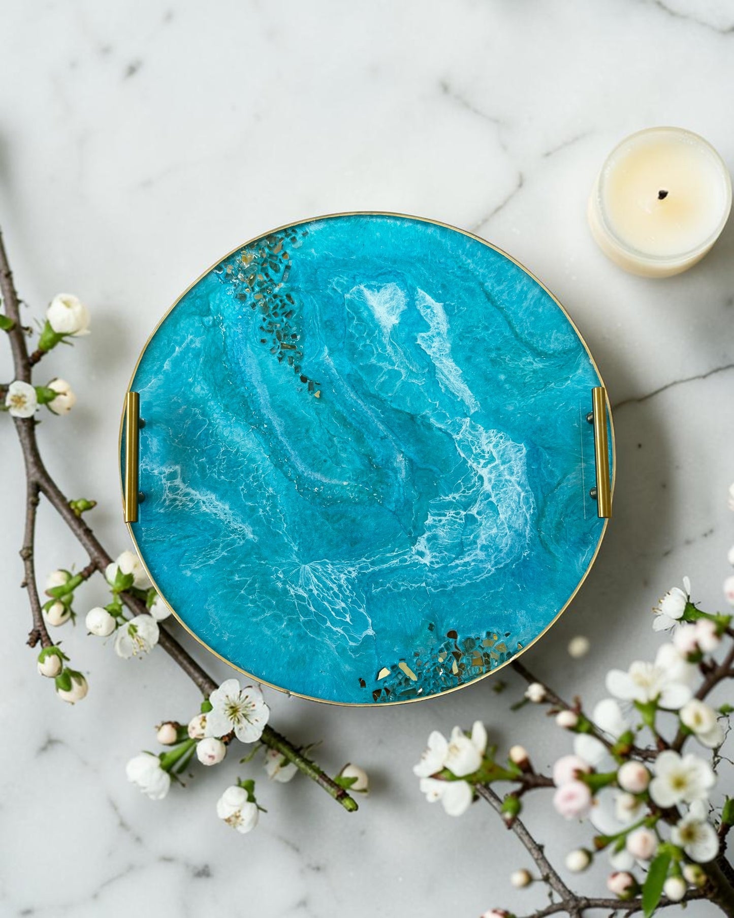 Ocean colors Ottoman tray handmade epoxy resin geode design