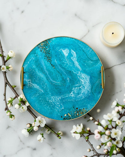 Ocean colors Ottoman tray handmade epoxy resin geode design