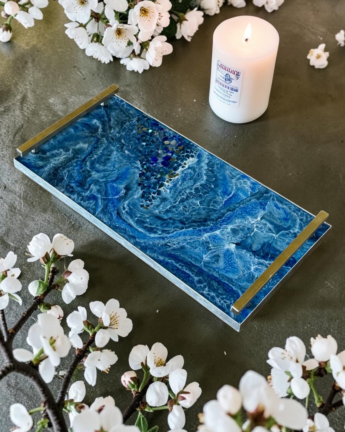 Blue large Charcuterie tray 18x9" handmade epoxy resin geode design