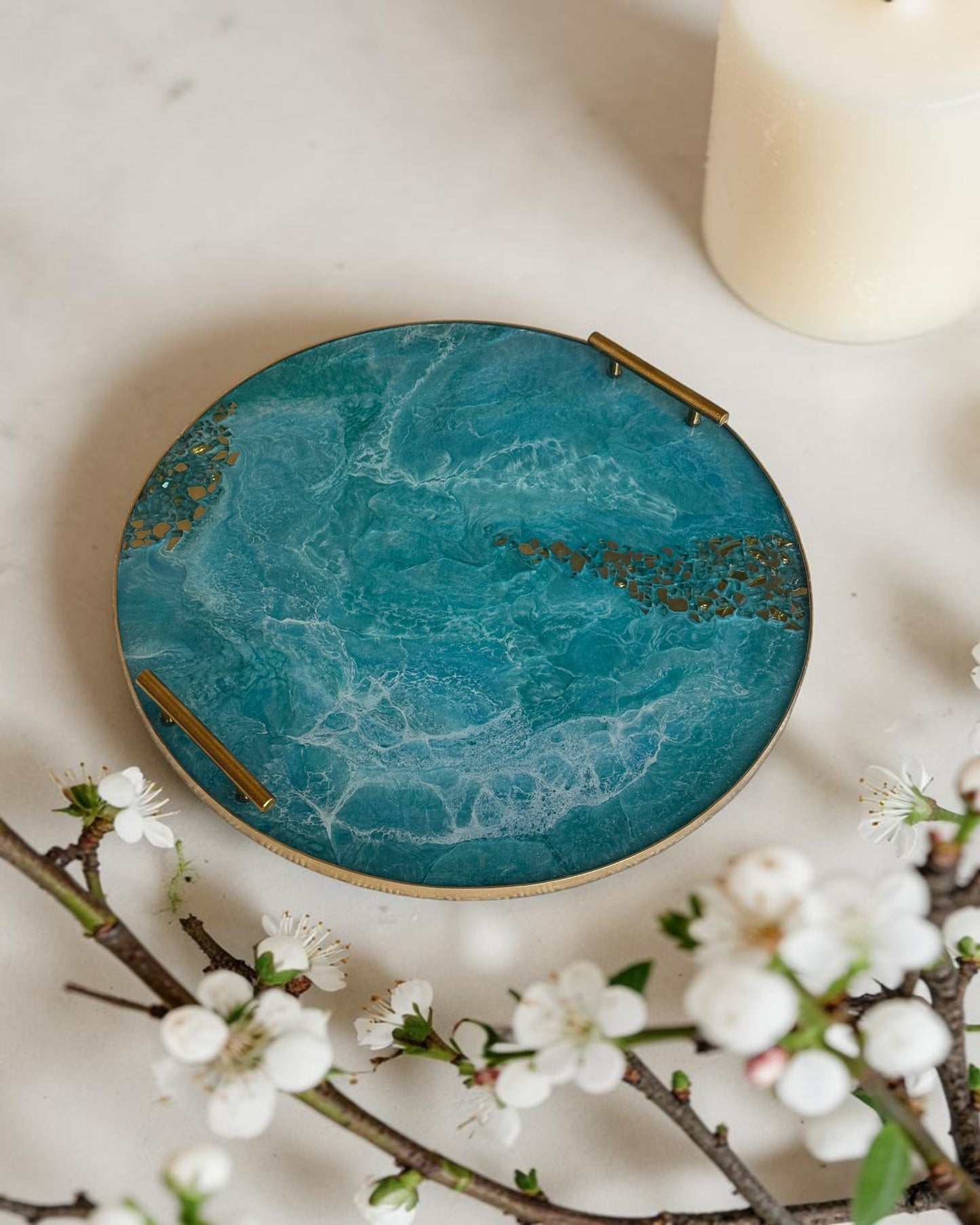Ocean colors Ottoman tray handmade epoxy resin geode design