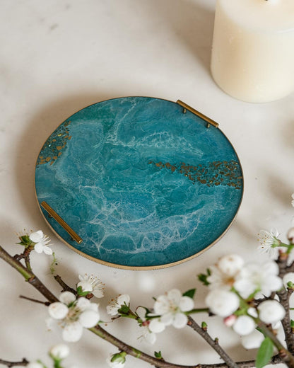 Ocean colors Ottoman tray handmade epoxy resin geode design