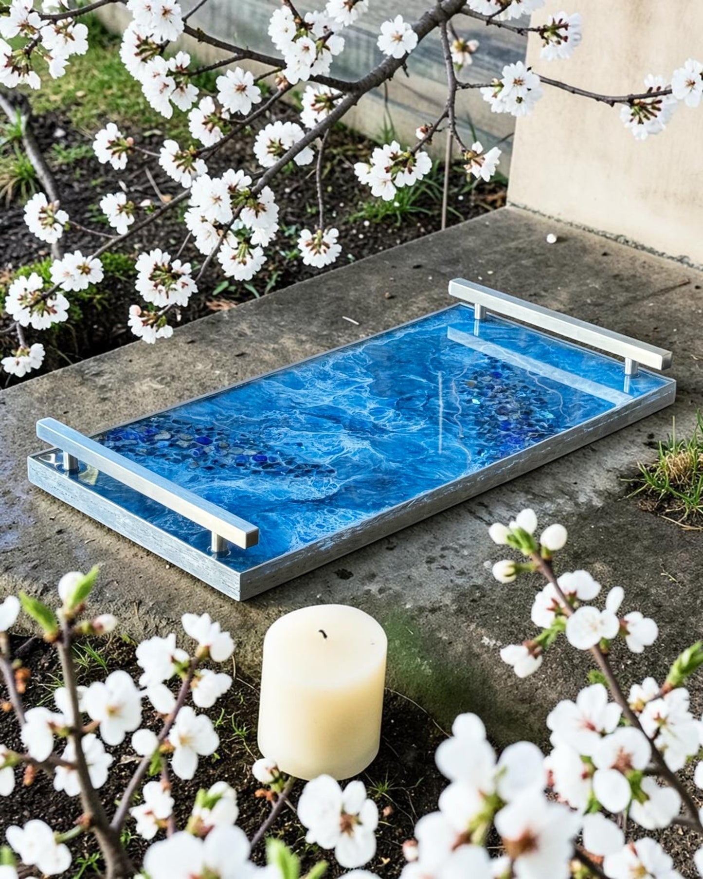 Blue large Charcuterie tray 18x9" handmade epoxy resin geode design