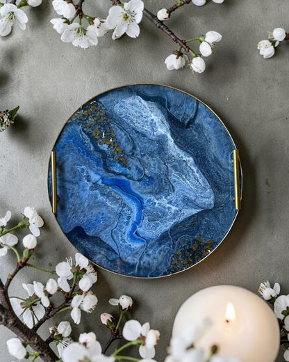 Blue Ottoman tray handmade epoxy resin geode design
