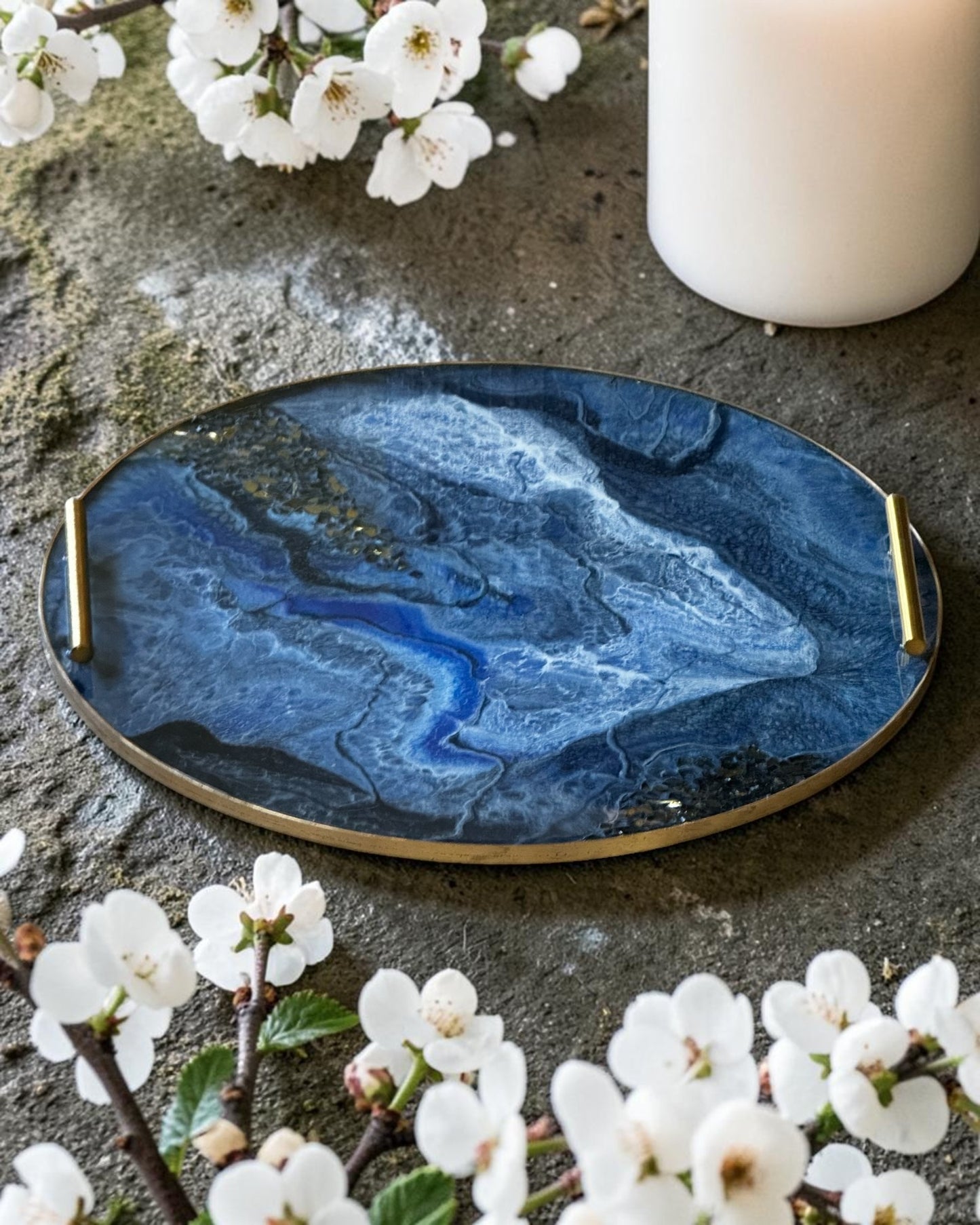 Blue Ottoman tray handmade epoxy resin geode design