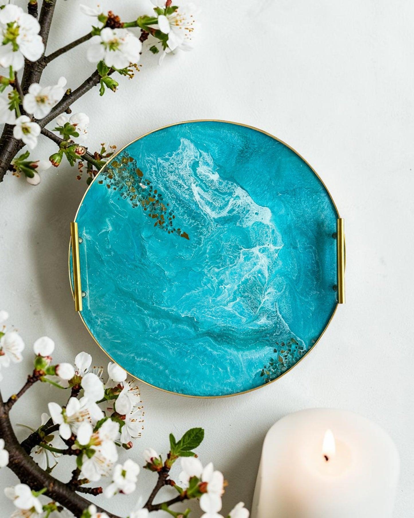 Ocean colors Ottoman tray handmade epoxy resin geode design