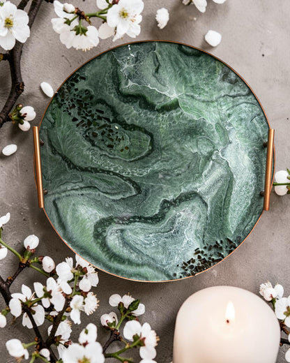 Green Ottoman tray handmade epoxy resin geode design