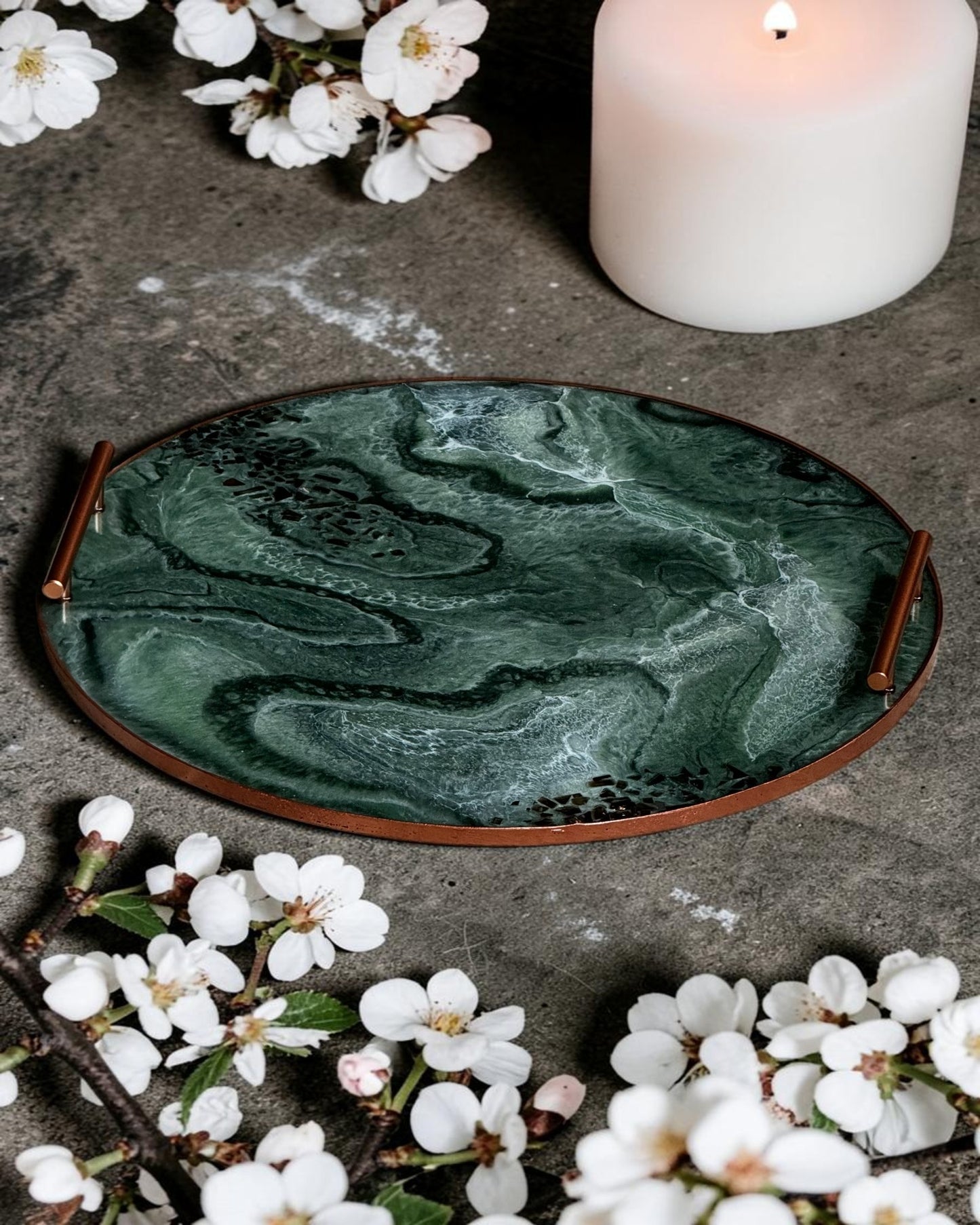 Green Ottoman tray handmade epoxy resin geode design
