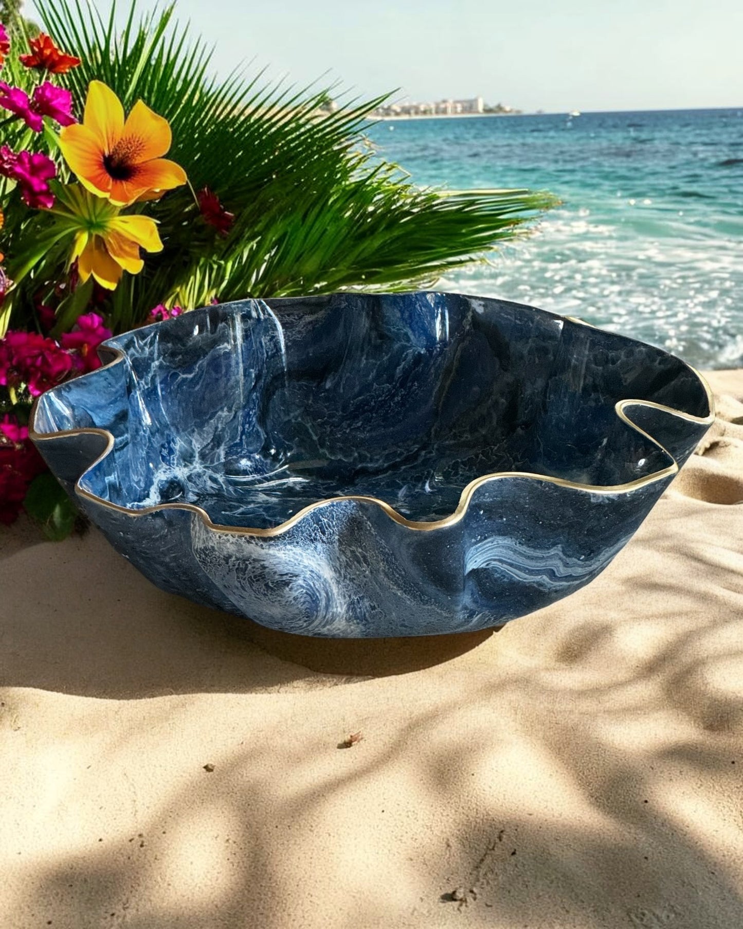 Large Blue bowl, 18x3" geode design epoxy resin