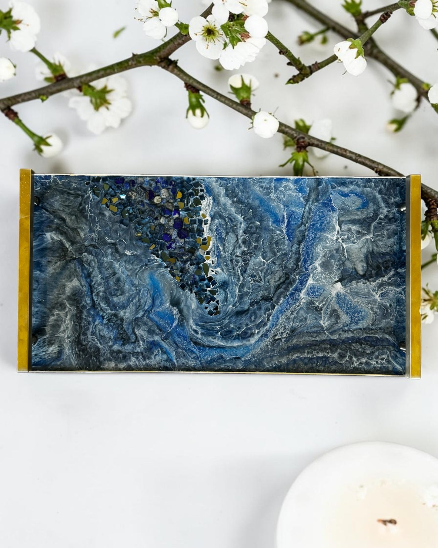 Blue large Charcuterie tray 18x9" handmade epoxy resin geode design