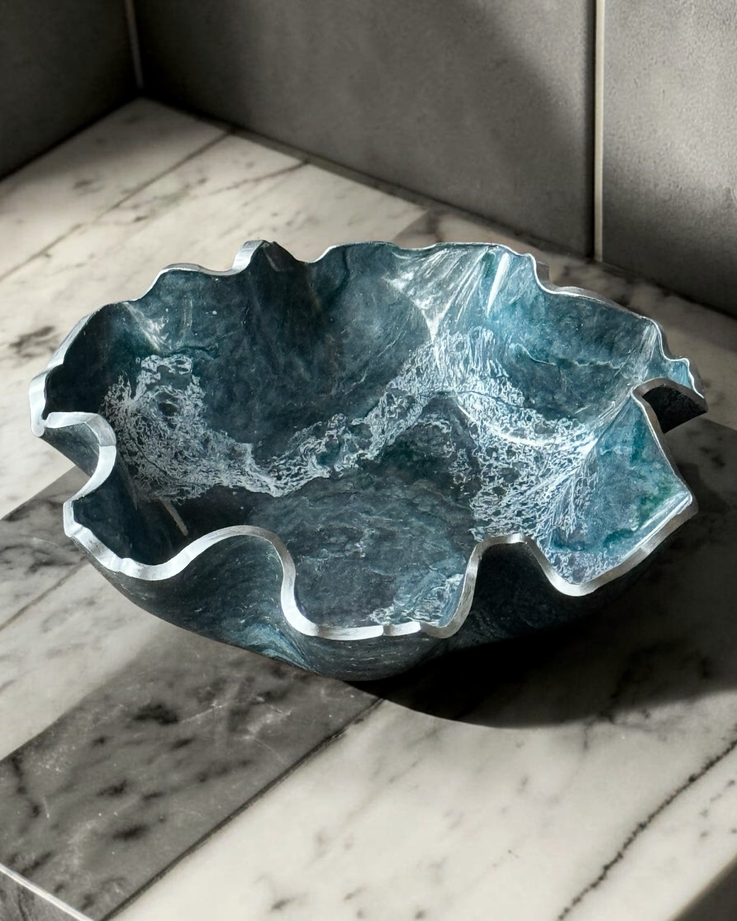 Medium Teal and Silver bowl, 11x3" geode design epoxy resin