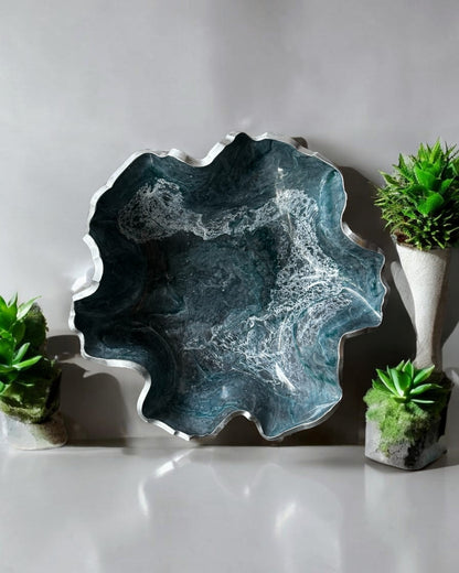Medium Teal and Silver bowl, 11x3" geode design epoxy resin