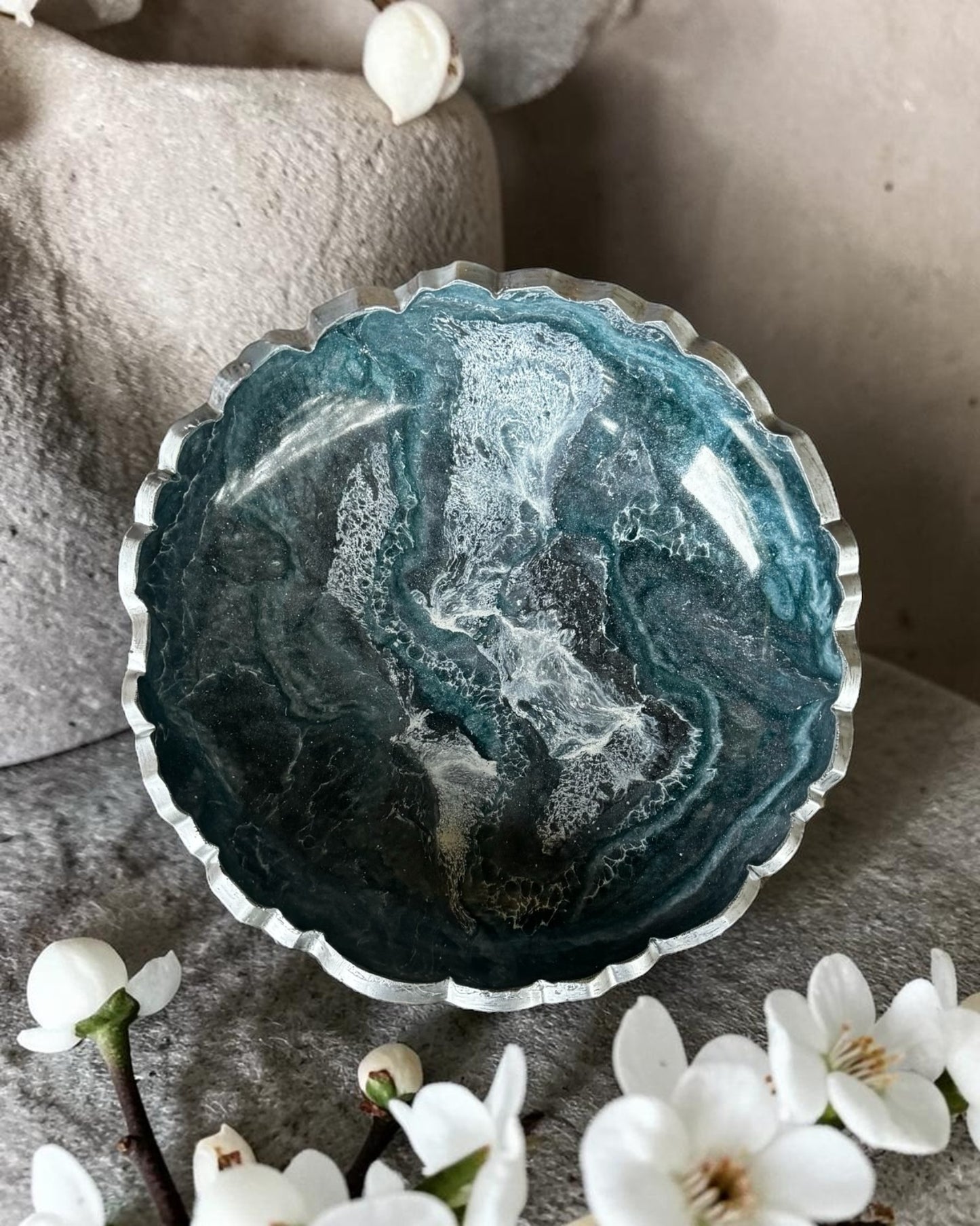Small Teal and Silver bowl, 8x2" geode design epoxy resin