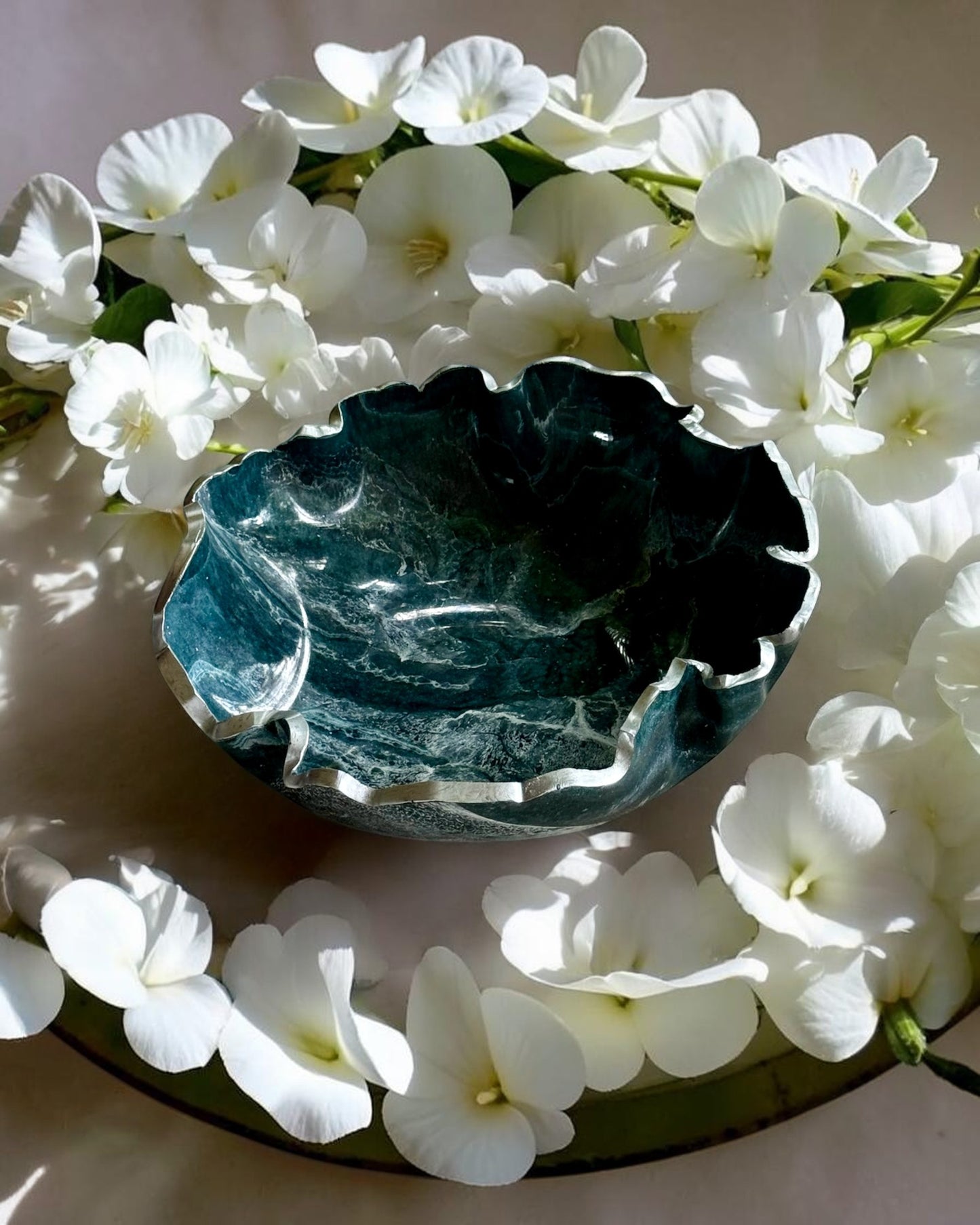 Medium Teal and Silver bowl, 11x3" geode design epoxy resin