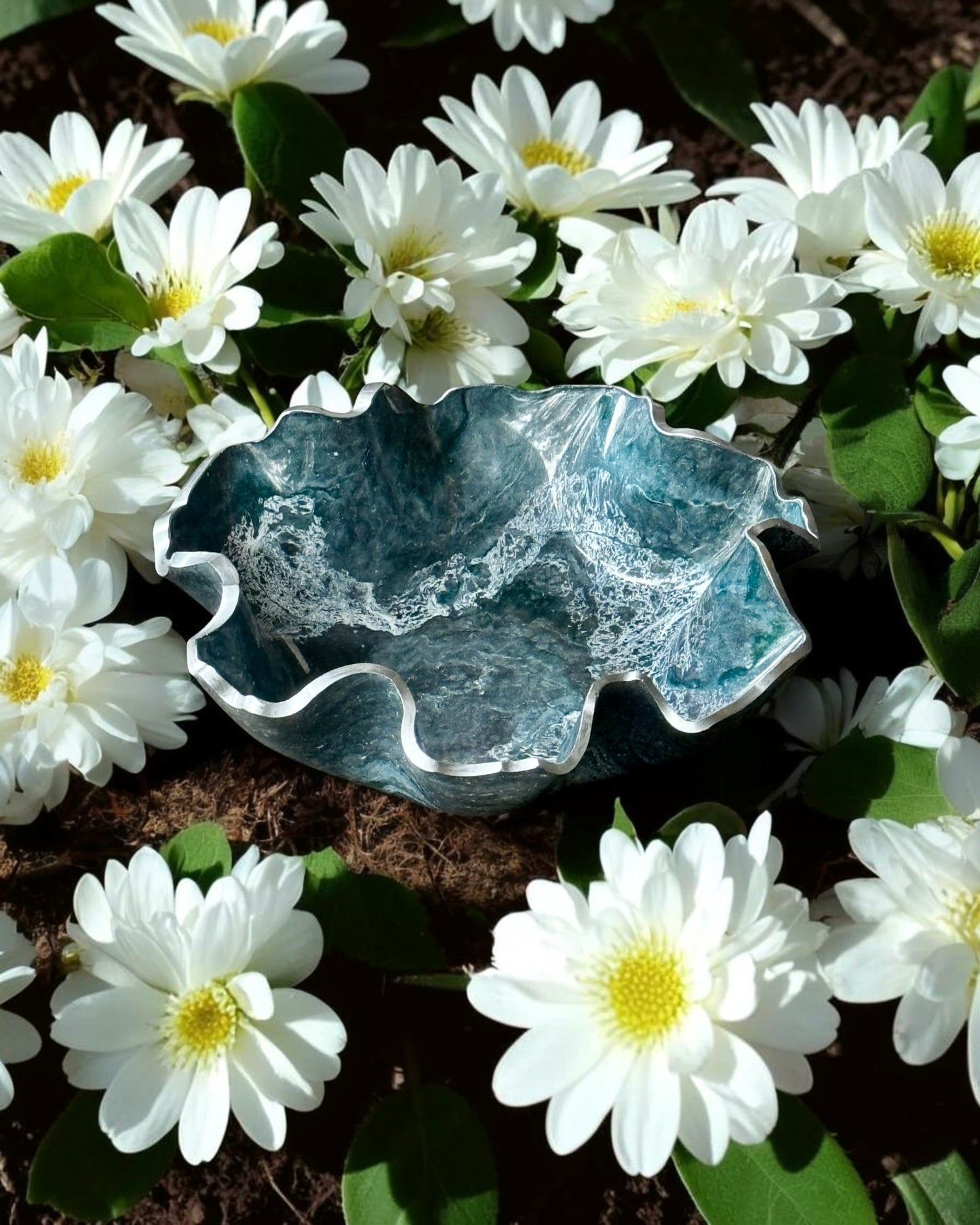 Medium Teal and Silver bowl, 11x3" geode design epoxy resin