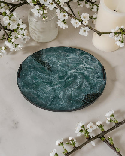 Teal and Silver Ottoman tray handmade epoxy resin geode design