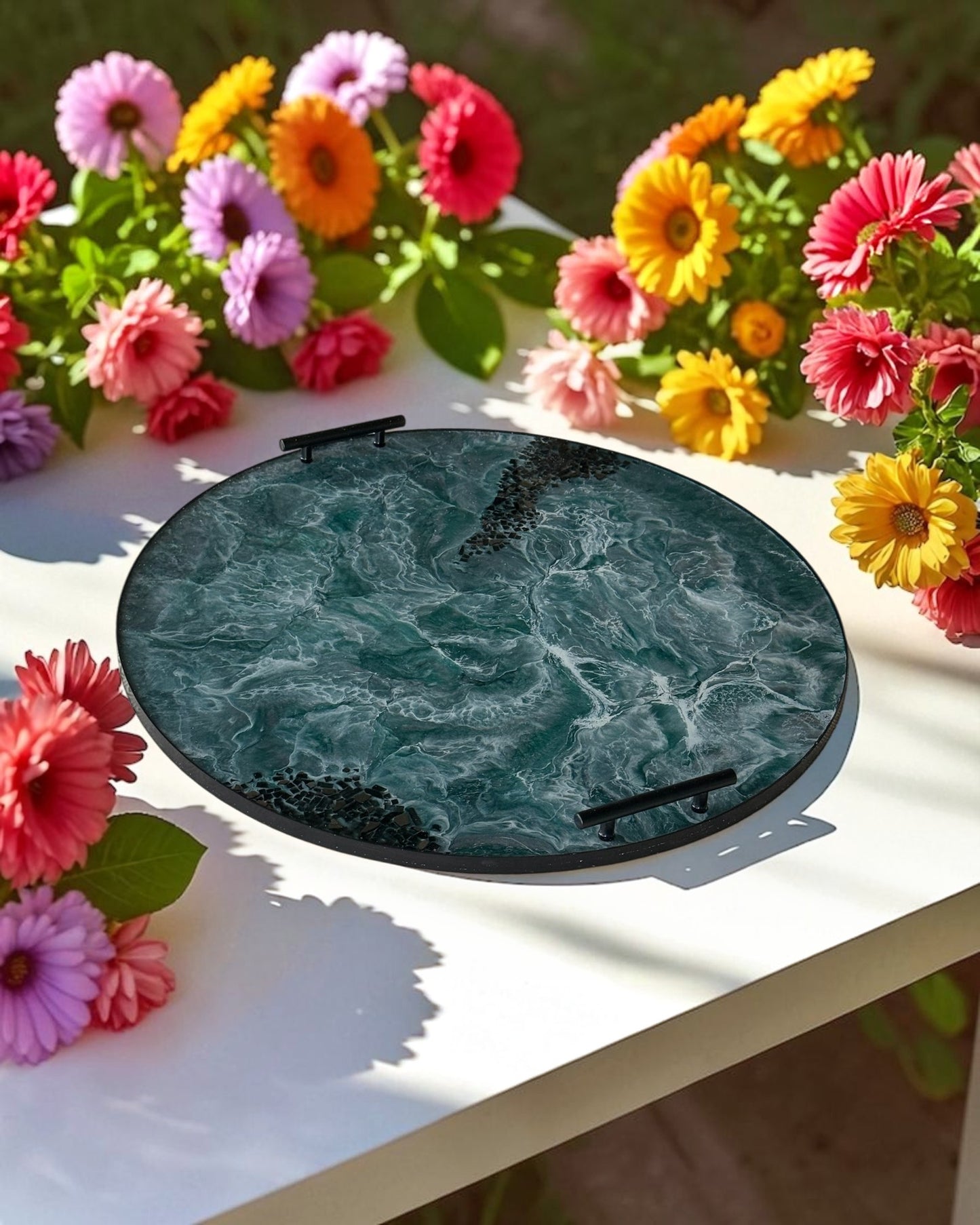 Teal and Silver Ottoman tray handmade epoxy resin geode design