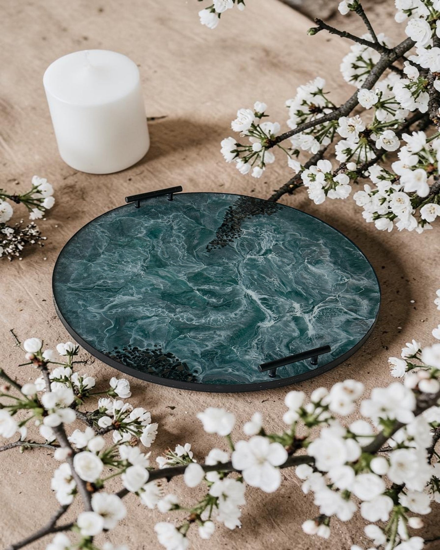 Teal and Silver Ottoman tray handmade epoxy resin geode design