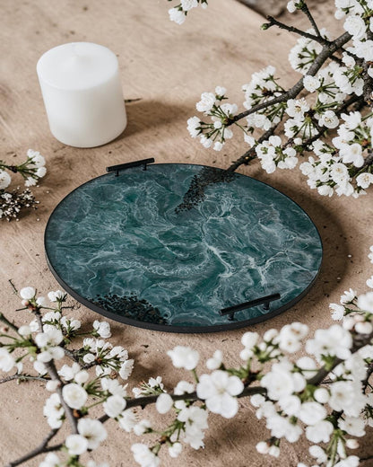 Teal and Silver Ottoman tray handmade epoxy resin geode design