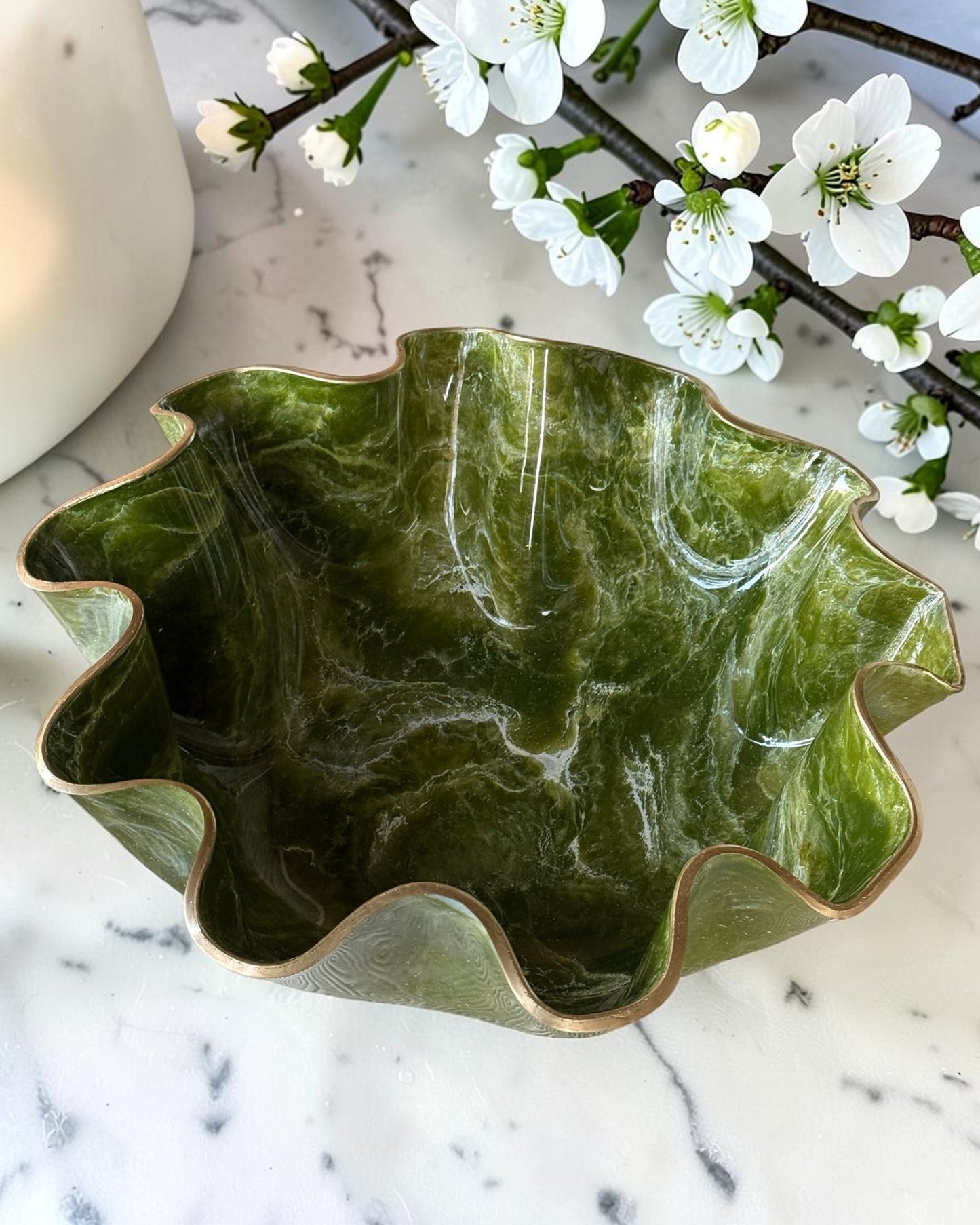 XLarge Olive Green bowl, 18x6" geode design epoxy resin