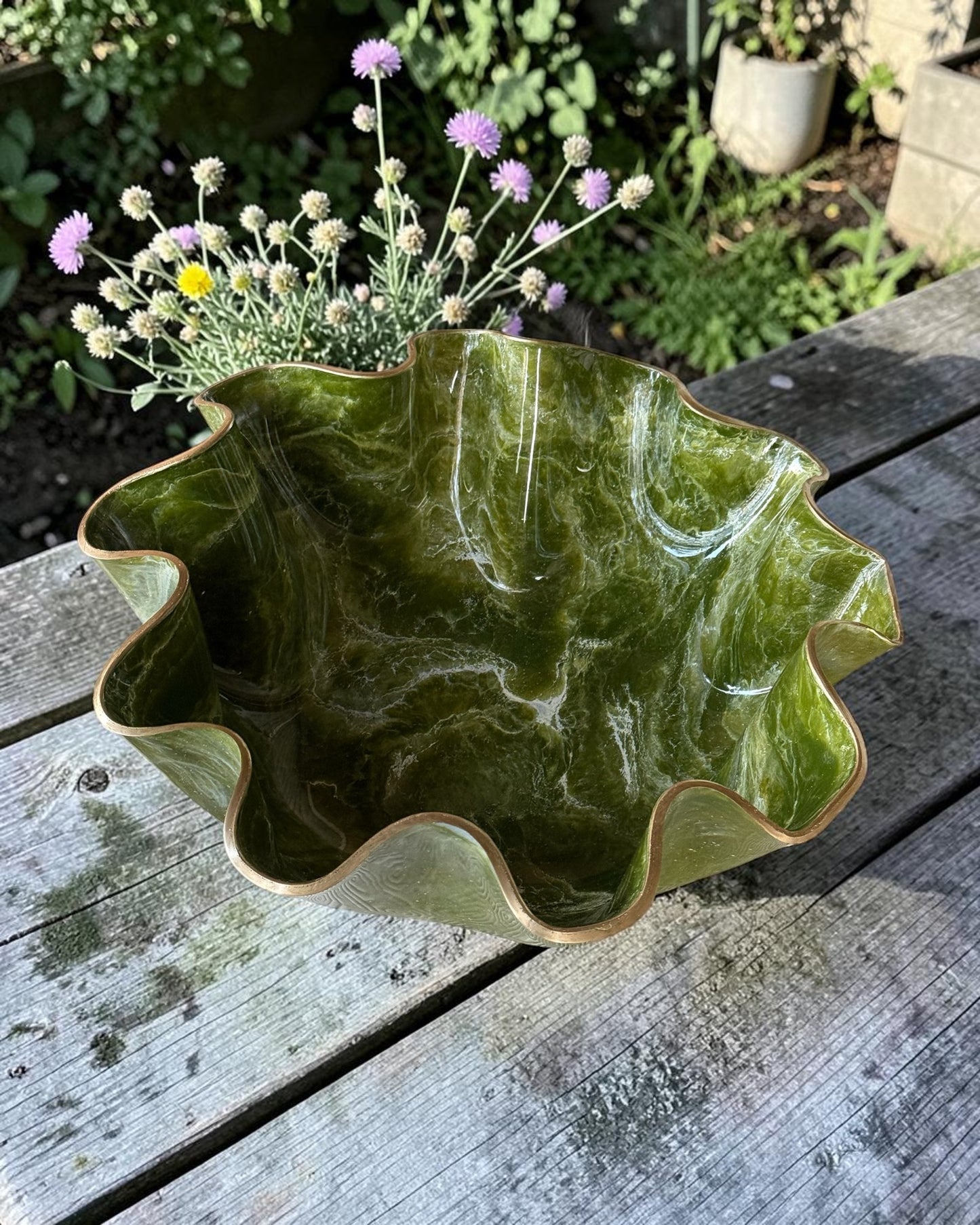 XLarge Olive Green bowl, 18x6" geode design epoxy resin