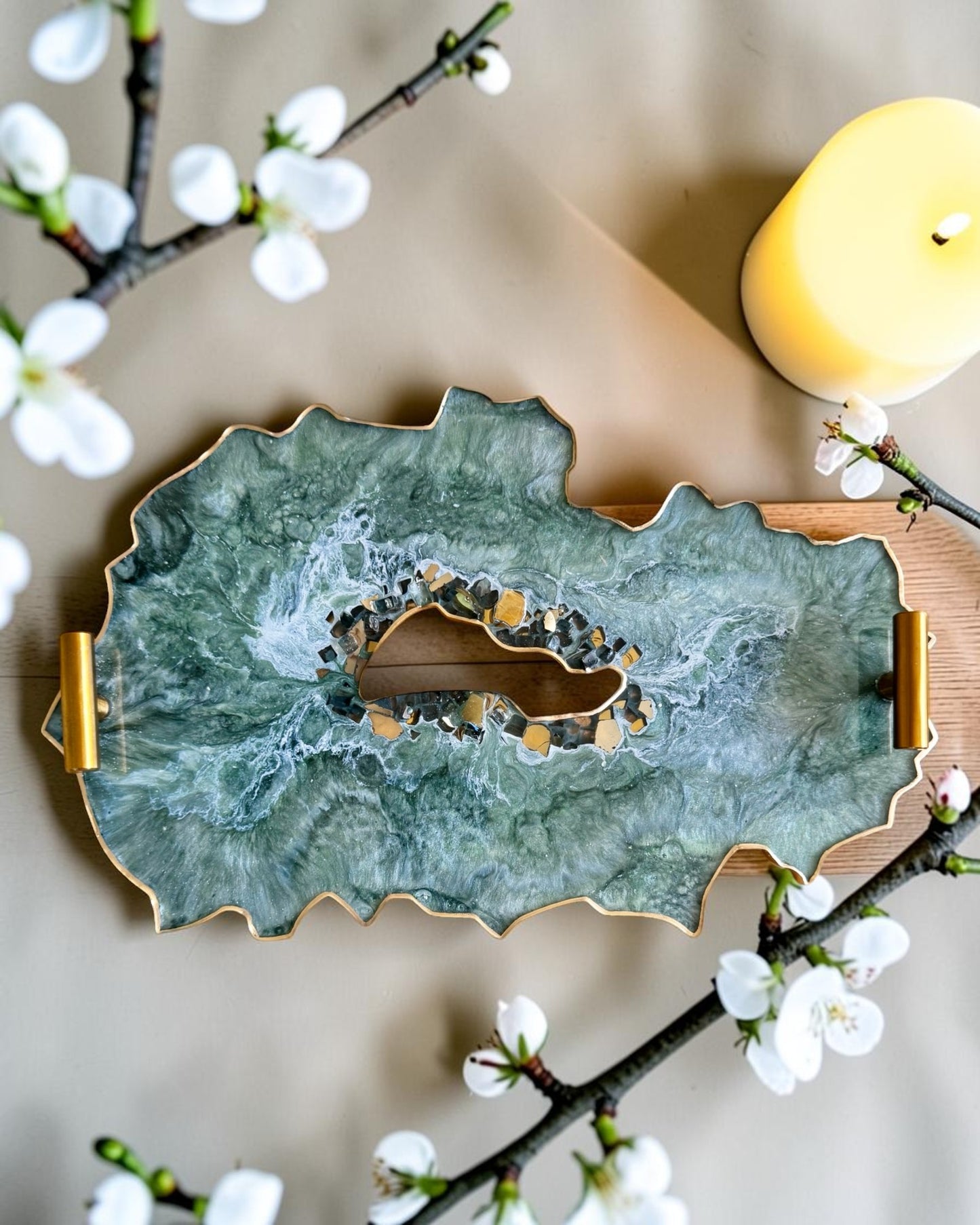 Green tray handmade epoxy resin geode design