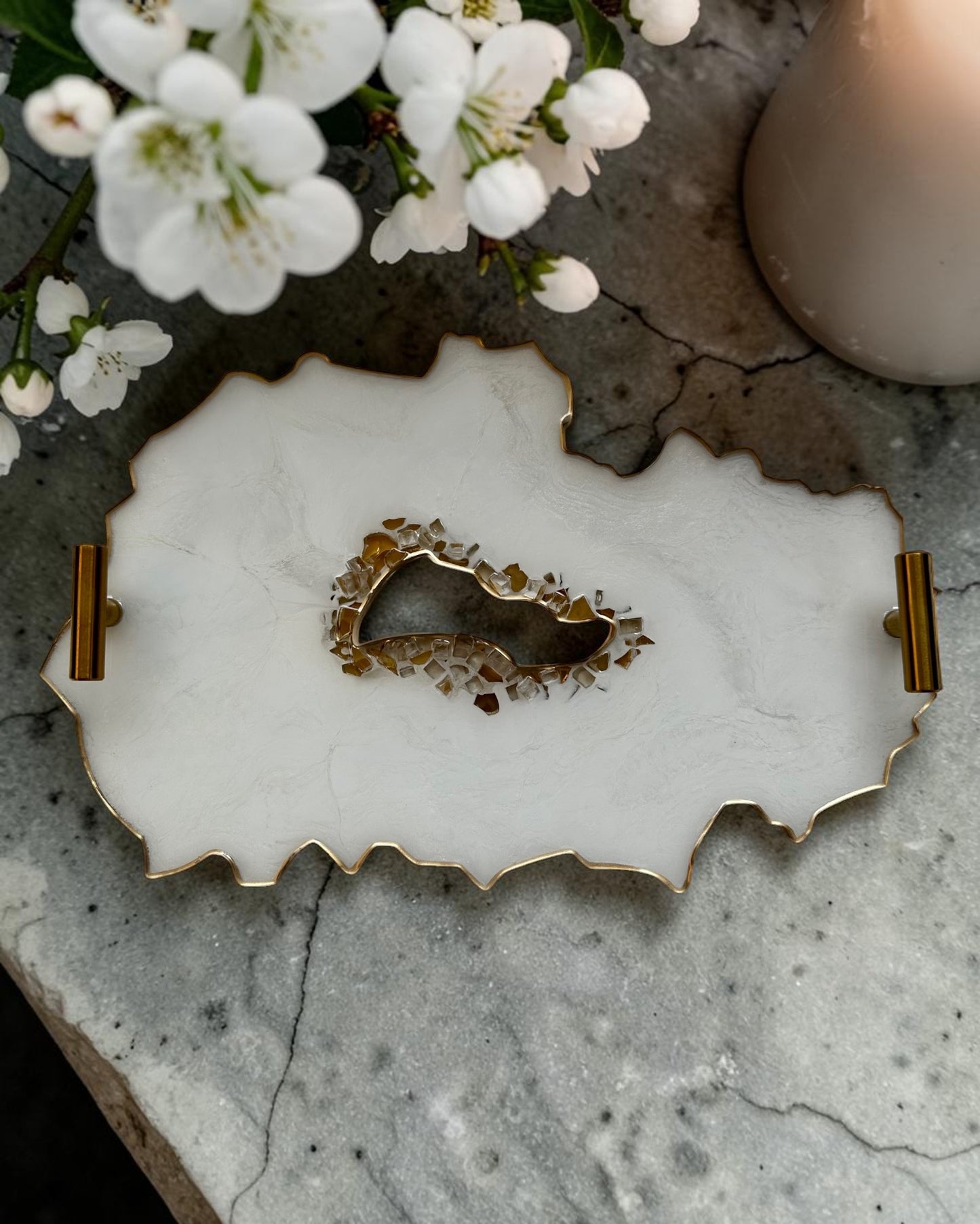 White tray handmade epoxy resin geode design